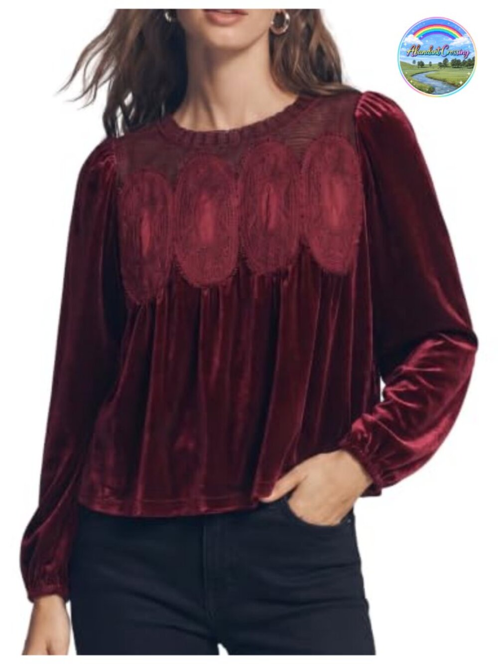 Women's Velvet Lace Trim Long Sleeve Blouse Elegant Work Party Top
